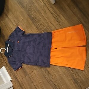 Nukutavake boys polo shirt camo black and orange shirt and orange shorts size 8